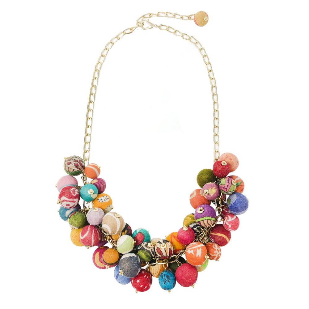 Fair Trade NWT Boho Cluster Bead Necklace Handmade Upcycle Kantha Fabric Recycle